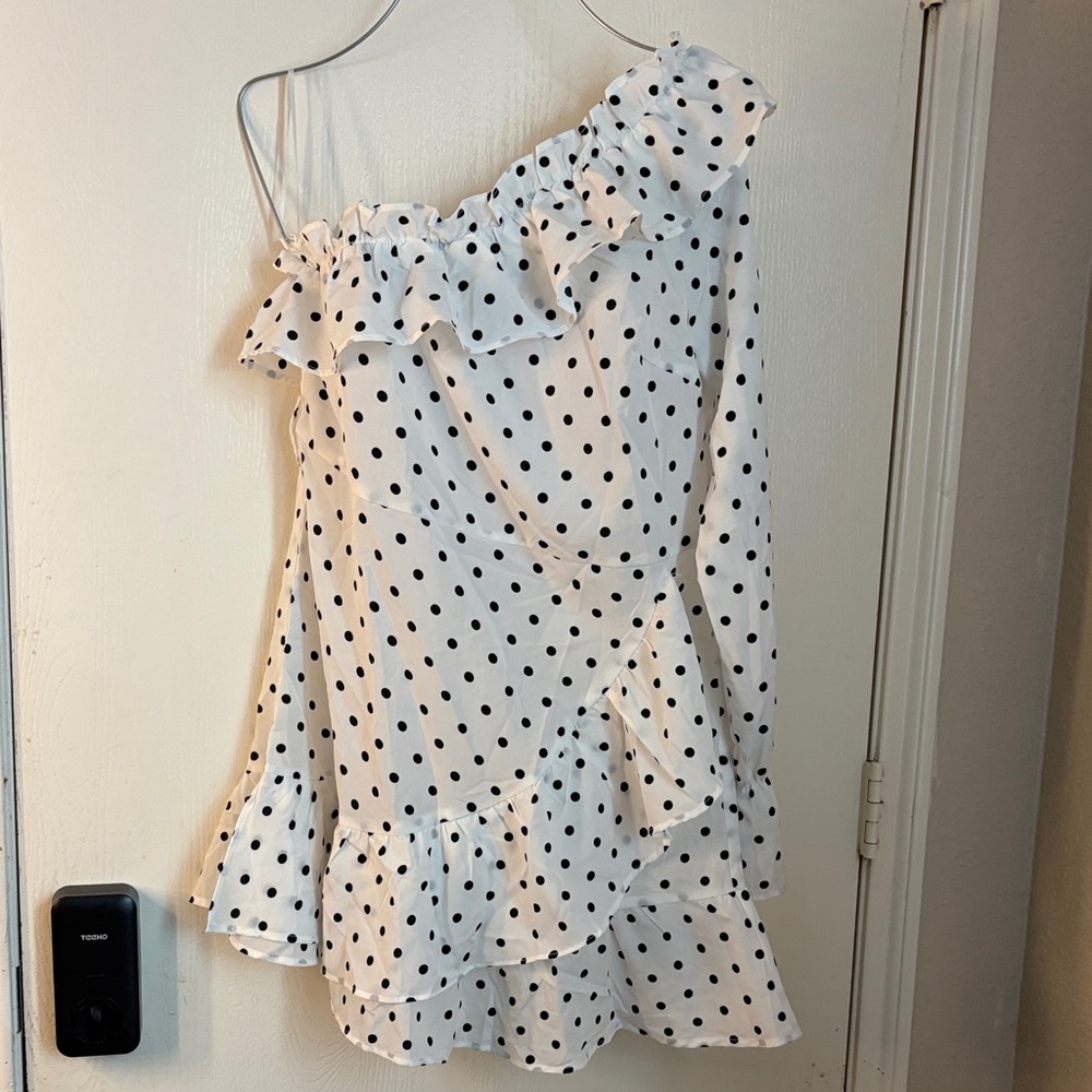 Elegant White Polka Dot Ruffle Dress